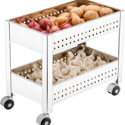 Stainless Steel 2-Tier Vegetable Basket for Kitchen/Onion Garlic Stand/Vegetable Storage Stand-Trolley for Kitchen(Square Profile-Silver) Stainless Steel Kitchen Trolley-image-55