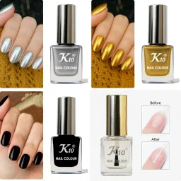 High Shine Long Lasting Non Toxic Professional Nail Polish Combo 12ML Each Silver, Gold, Black, Top Coat-17