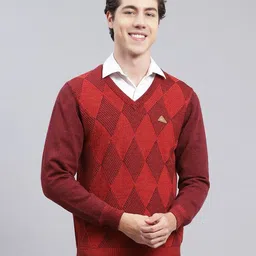 monte carlo Men Self Design V Neck Maroon Sweater-picture-21