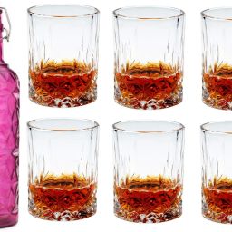Bottle & 6 Glass Serving Lemon Set, Pink, Clear, Glass - A782 Jug Bottle Glass Set-image-43