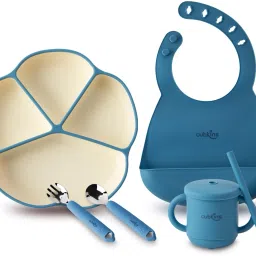 Suction Plate, Bib, Sippy Cup and Stainless Steel Spoon and Fork Set of 5 - 100% Food Grade Silicone-picture-4