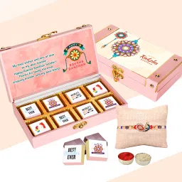Rakhi chocolate Gift Hamper 8 pcs Chocolate For Brother Fancy Rakhi Wooden Gift Box-image-22