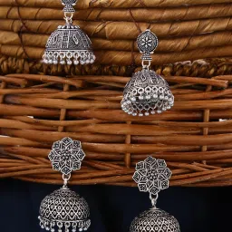 Combo of 2 Pairs Traditional Silver Oxidised Ethnic Jhumka Jhumki Earrings for Women and Girls Brass Jhumki Earring-image-80
