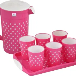 Dot Printed Unbreakable Plastic 6 Tumblers/Glass Set With Jug & Tray, Set of 8 Jug Glass Tray Set-18