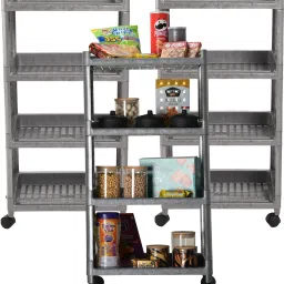 Pack of 3 Multipurpose 4-Layer Storage Trolley Rack with Wheels | Grey Plastic Kitchen Trolley-image-38