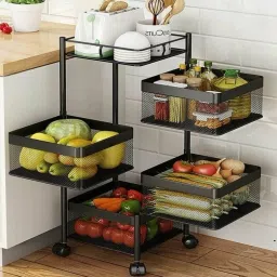 Kitchen Rack, Square Rotating 4 Layer Kitchen Trolly, Stand for kitchen Carbon Steel Kitchen Trolley-11