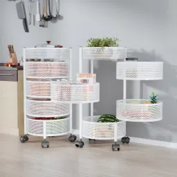 Pack of 2 Kitchen 4+1 Layer Metal Storage Rack with Wheels | Round Shape - White Iron Kitchen Trolley-image-35