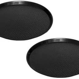 (Set of 2) Anti Skid Design Round Unbreakable Serving Plastic Tray for Kitchen (Size 35 cm) Black Tray-0