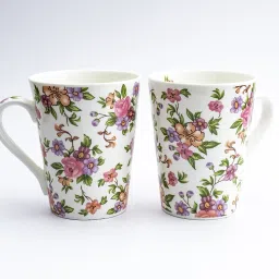 Ceramic Flower Print - Milk & Coffee, 300 Ml - Set of 2 (Multicolour-2) Bone China Coffee Mug-image-61