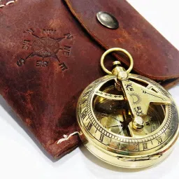 Brass mini pocket sundial compass push button Leather case Collectible Gift Compass-picture-0