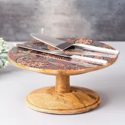 Cake Stand with Set of 2 Cake Servers Printed Cake Cutting Holder Round Wooden Cup Cake Table Stand with Stand for surprice(Mango Wood,Grey Silver,10 x 10 x4.5 inch) Wooden Cake Server-13