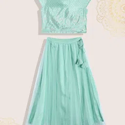 Biba Girls Mint Green & Gold-Toned Printed Ready to Wear Lehenga & Blouse-picture-0