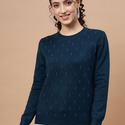 Beatnik Women Navy Blue Embroidered Pullover with Embellished Detail-image-55