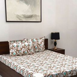 BOMBAY DYEING Brown Floral Cotton 144 TC Fitted Queen Bedsheet Set-1.52cmX1.98 cmX 30 cm-33