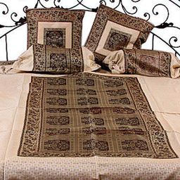 Exotic India White & Olive Green Printed 300 TC Single Bedsheet With 4 Pillow Covers-image-51