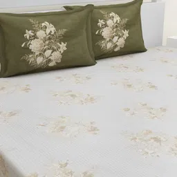 HOME AFFAIRS Cream-Coloured & White Cotton 180 TC King Bedsheet with 2 Pillow Covers-image-21