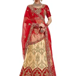 MANVAA Beige & Red Embroidered Thread Work Semi-Stitched Lehenga & Unstitched Blouse With Dupatta image 2