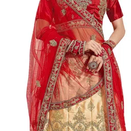MANVAA Beige & Red Embroidered Thread Work Semi-Stitched Lehenga & Unstitched Blouse With Dupatta image 3