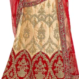 MANVAA Beige & Red Embroidered Thread Work Semi-Stitched Lehenga & Unstitched Blouse With Dupatta image 4