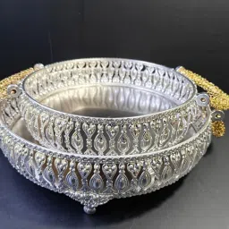 German Silver Tray Set Round Serving Tray with Gold Handles, Set of 2,(27-21 cm) Tray-10