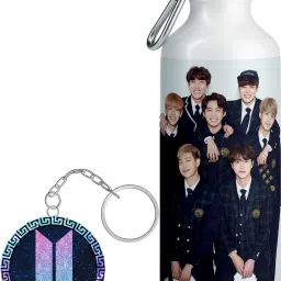 Bts Keychain/Keyring With Printed Bts Sipper For School, Gym & Office_(KS-07) 600 ml Water Bottles-image-14