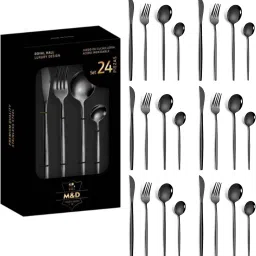 Matte Black Silverware Set | Premium French Style 24-Pcs Flatware Dinnerware Stainless Steel Cutlery Set-image-57