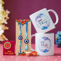 Designer Rakhi Gift Set For Brother Combo With Roli Chawal Greeting Card- MGP-2 Mauli Thread Mug, Rakhi, Lumba, Greeting Card, Chawal Roli Pack Set-9