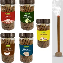 Pooja Dhoop Sticks Premium Jar 100Gm x5 ( 500 gram) | No Bamboo | No Charcoal Rose, Jasmine, Sandal, Guggul, Woody Dhoop-23