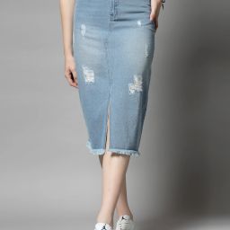 Women Washed Straight Blue Skirt-image-47