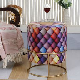Shadowkart Blue & Red Checked Round Wooden Ottoman-image-60