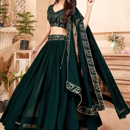 FABPIXEL Green & Gold-Toned Embroidered Sequinned Semi-Stitched Lehenga & Unstitched Blouse With Dupatta image 2