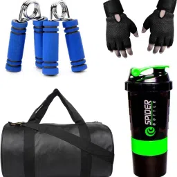 Combo Of Leatherite (Black) Gym Bag, Gloves (Black), Spider Shaker (Green) And Hand Gripper (Blue) Fitness Accessory Kit Kit-image-89