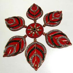 Acrylic Rangoli – Red Leaf Design with Kundan and Stone Work Rangoli Stencil-image-37