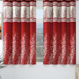 Panipat Textile Hub Red White 2 Pieces Floral Room Darkening Window Curtains-image-83