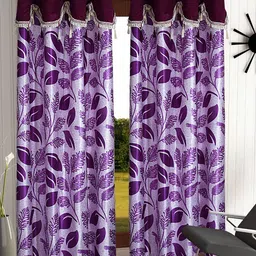 Cortina Purple & White Set of 2 Fancy Valance Floral Printed Long Door Curtains-15