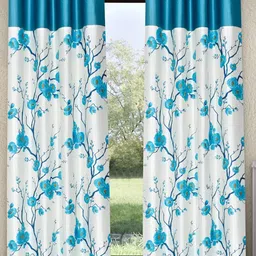 Fashion String White & Turquoise Blue 2 Pieces Floral Printed Door Curtains-image-41