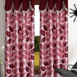 Cortina Maroon Set of 2 Fancy Valance Floral Printed Door Curtains-2