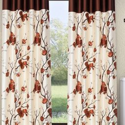Fashion String White & Brown 2 Pieces Floral Printed Long Door Curtains-48