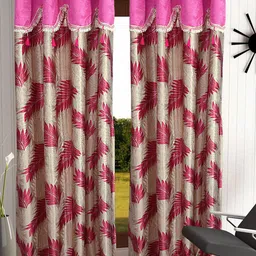 Cortina Pink & Beige Set of 2 Fancy Valance Floral Printed Long Door Curtains-3