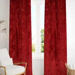 Panipat Textile Hub Maroon 2 Pieces Ethnic Motifs Room Darkening Velvet Window Curtains-image-2