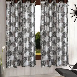Cortina Brown & White Set of 2 Fancy Valance Leaf Printed Window Curtains-21