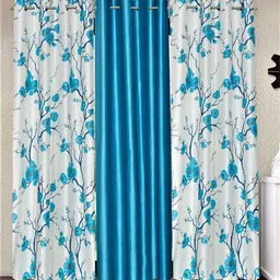 Fashion String White & Blue 3 Pieces Floral Printed Long Door Curtains-image-79