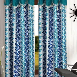 Cortina Blue & White Set of 2 Fancy Valance Floral Printed Long Door Curtains-10
