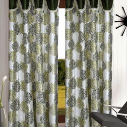 Cortina Olive Green & White Set of 2 Fancy Valance Leaf Printed Door Curtains-12