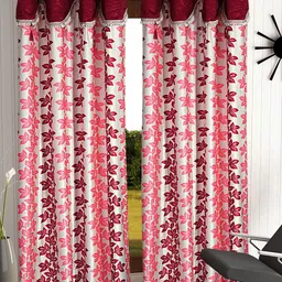 Cortina Maroon & White Set of 2 Fancy Valance Floral Printed Long Door Curtains-7