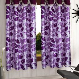 Cortina Purple & White Set of 2 Fancy Valance Floral Printed Window Curtains-image-30