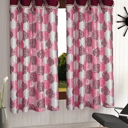 Cortina Maroon & White Set of 2 Fancy Valance Leaf Printed Window Curtains-18