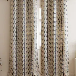 HOMEMONDE Navy Blue & Beige Set of 2 Floral Black Out Door Curtain-0