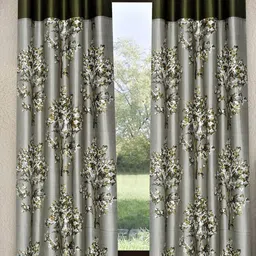 Fashion String Green & Grey 2 Pieces Floral Printed Long Door Curtains-5