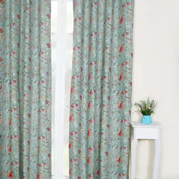 Soumya Red & Blue Floral Printed Cotton Room Darkening Long Door Curtain-4